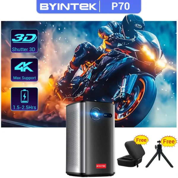 BYINTEK P70 Projetor 4K 1080P DLP Mini Projetor Portátil Home Theater Inteligente Wi-Fi e Bluetooth para Filmes e Jogos Com Bateria