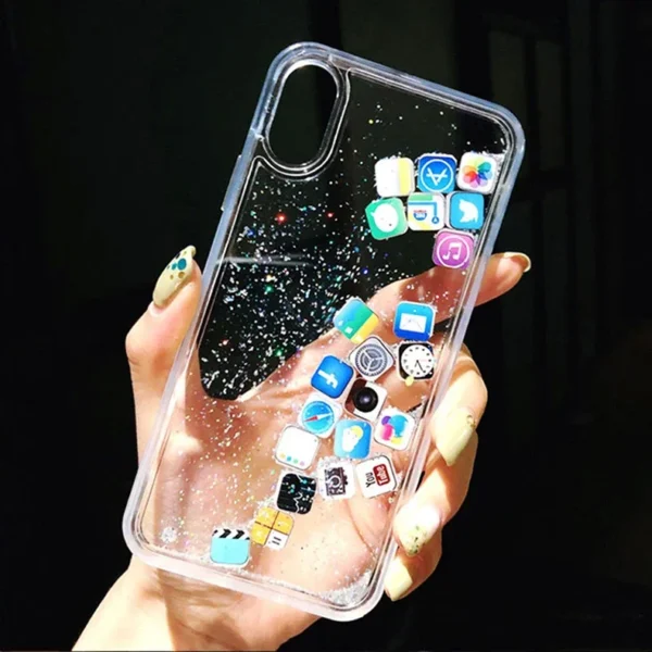 Capa com ícones de aplicativos fofos de areia movediça dinâmica para iPhone 16 15 13 12 11 Pro Max capa líquida para iPhone 14 7 8 Plus X XR XS - Imagem 12