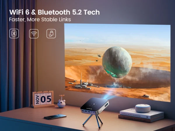 Wimius android tv 11.0 mini projetor portátil dlp bateria embutida curto lance wifi6 bt5.2 1080p auto keystone cinema em casa - Imagem 4