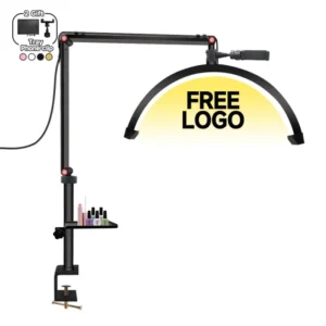 Logotipo gratuito 2025 meia lua led lâmpada de manicure 16 polegadas 24w tatuagem mesa de unhas cama facial lâmpada clip-on com tecnologia de iluminação de salão de beleza