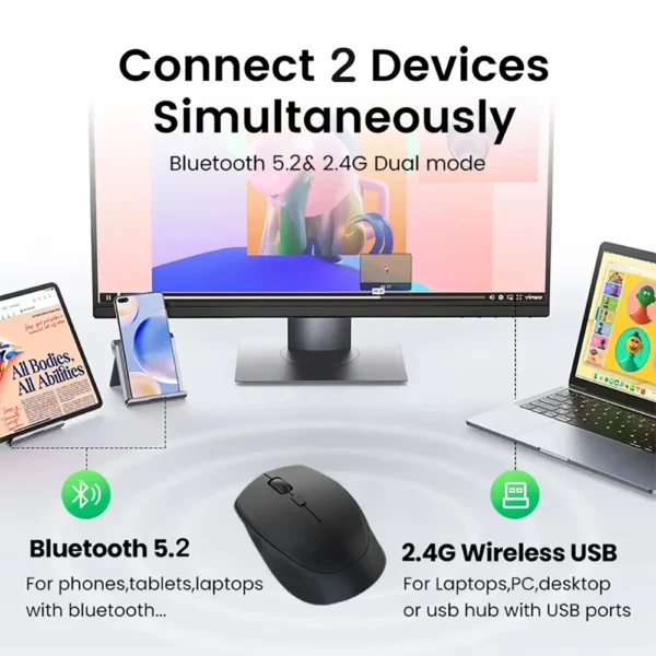 Mouse Bluetooth 5.2 + 2.4G Dual Mode - Silencioso, Recarregável 1600DPI para Games (Win/Mac) - Imagem 2