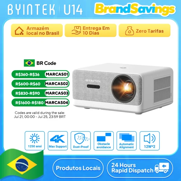BYINTEK LOVE U14 Full HD 1080P Projetor 4K Inteligente Bluetooth WiFi 6 Suportado 1250ANSI Foco Automático Projetores de Cinema Home Theater