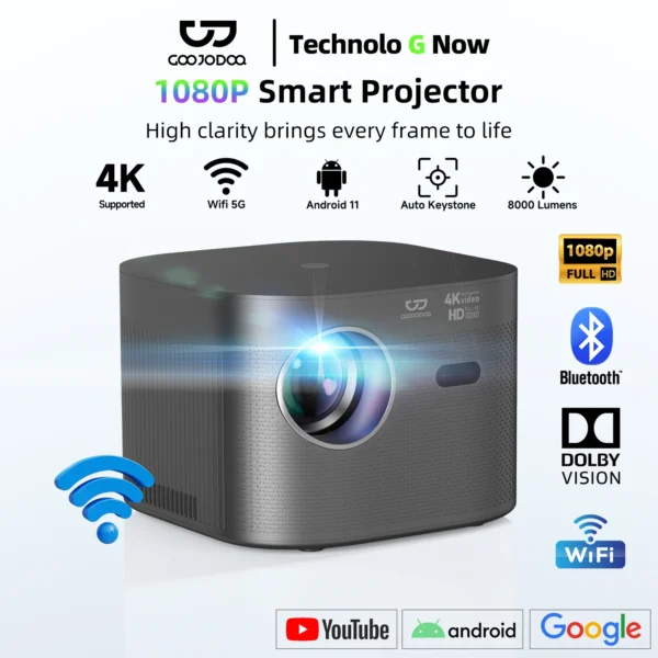 Projetor GOOJODOQ 1080P Full Hd 4k 5G Wifi Bluetooth Projetor Android de filmes ao ar livre com tela de 200 polegadas 13000 lúmens