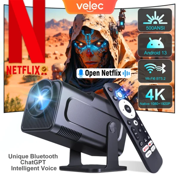 Projetor de certificação Velec Netflix Android 13 HY320 NTV Amlogic S950D4 1080P 500ANSI Dual WiFi BT5.2 Controle remoto por voz