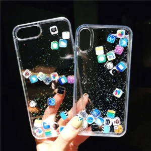 [Dynamic Quicksand Cover] Capa com ícones de aplicativos fofos de areia movediça dinâmica para iPhone 16 15 13 12 11 Pro Max capa líquida para iPhone 14 7 8 Plus X XR XS