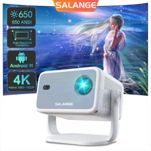 Salange 360 ° Projetor nativo 1080P 650ANSI 4K Android 11 com foco automático Keystone Air Mouse Wifi6 BT5.2 Filme portátil ao ar livre