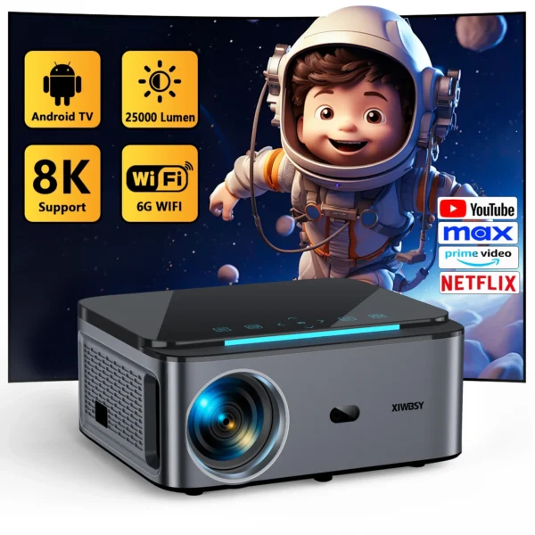 Xylbsy 25000 lúmens android projetor 4k wifi6 bluetooth 5.1 foco automático/projetor keystone vídeo home theater projetor beamer