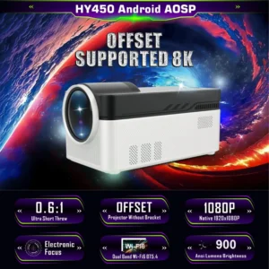 Projetor HY450 900ANSI 2G/32G 1920X1080 com deslocamento automático 8K 4K BT5.4 Foco eletrônico WiFi6 AllwinnerH716 Voz