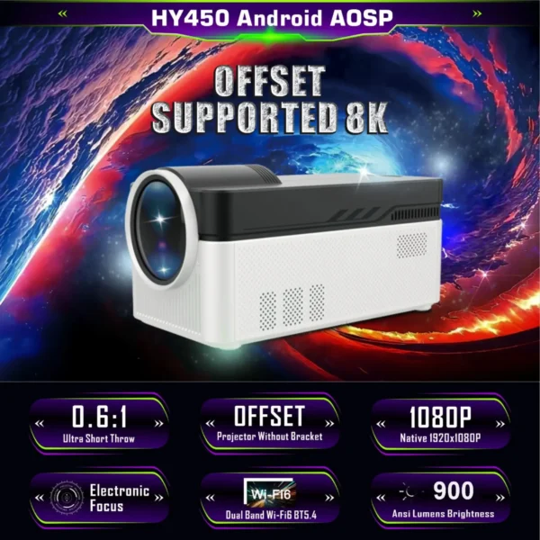 Projetor HY450 900ANSI 2G/32G 1920X1080 com deslocamento automático 8K 4K BT5.4 Foco eletrônico WiFi6 AllwinnerH716 Voz