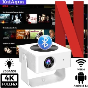 KaiAqua T1pro Android 13 Projetor 4K 250ANSI Lumens Dual-band Wifi6 BT5.0 Auto Keystone Home Cinema Theater Projetor portátil