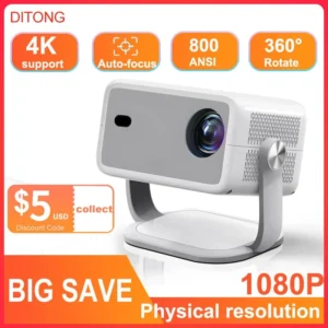 DITONG 1080P 800ANSI 4K Android 11 360 ° Projetor HD com foco automático de correção Keystone Wifi6 BT5.2 portátil ao ar livre