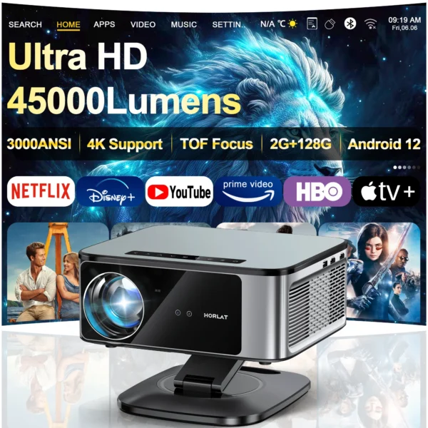 2025 Horlat 45000 Lumens 4K UHD Projetor Laser TOF Focus Android 12 WiFi 1080P Full HD Projetor de filmes de home theater para Netflix