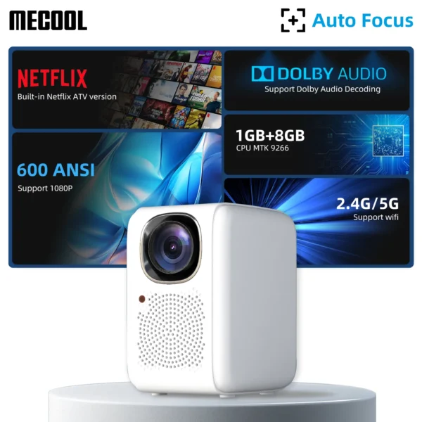 MECOOL KP2 1080P Projetor 600 ANSI Lumens com Sistema Linux Netflix Certificado Dolby Audio 1 + 8GB Wifi 2.4G/5G Home Media Player