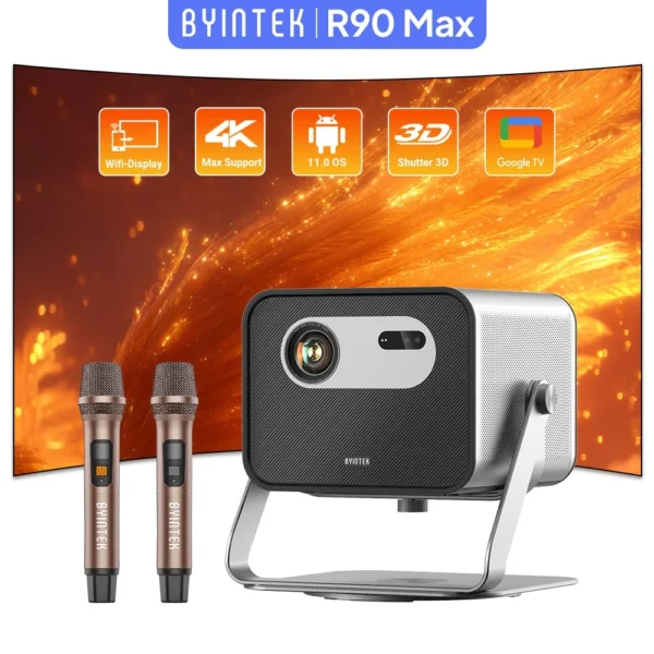 BYINTEK R90 Max Projetor 4K Full HD 1080P 2200 Anis Lumens Android 11.0 WiFi 6 Projetores de cinema em casa com foco automático