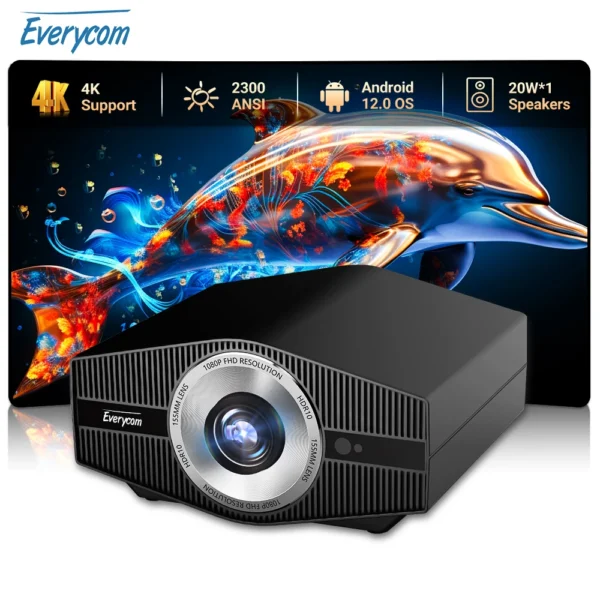 Everycom YG710W Projetor Full HD 1080P 4K Android 12 WiFi 6 Projetores de home theater com foco automático Projetor de vídeo para reuniões de filmes