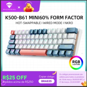 Machenike K500-B61 Mini Teclado Mecânico Formato 60% com Fio, Teclas Removíveis, Retroiluminação RGB, 61 Teclas para Jogos.