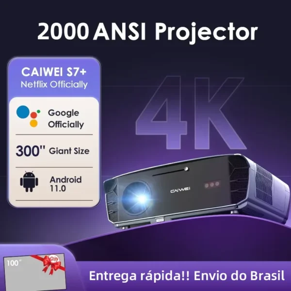 CAIWEI S7+ [com licença oficial da Netflix] Projetores domésticos Android 14 4K Ultra HD para filmes com foco automático Dolby 2000 ANSI
