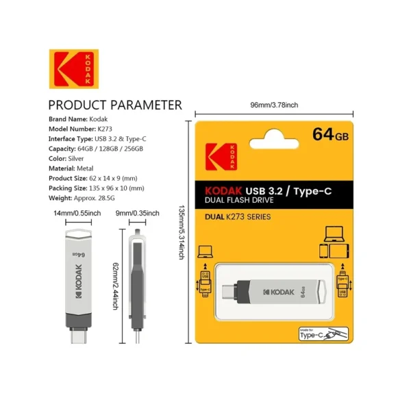 KODAK-USB Type C Flash Drive, Pendrive de alta velocidade, Memory Stick duplo para Smartphone, Laptop, 256GB, 128GB, 32GB - Imagem 6