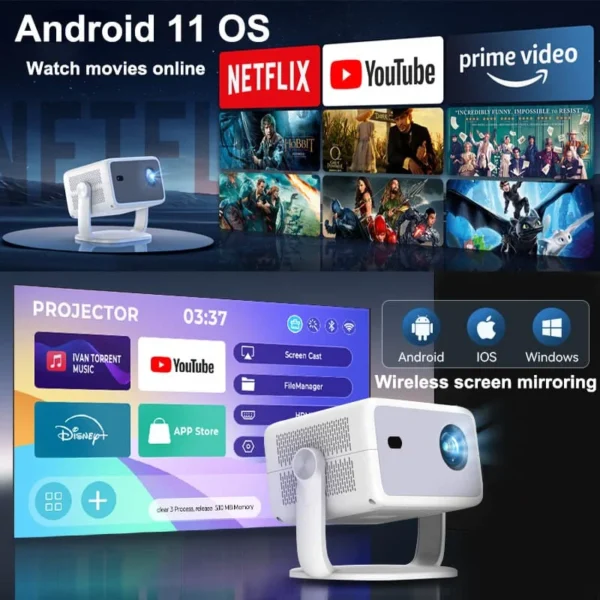 HUAWEISHI 4K 800ANSI P4 Projetor Portátil Nativo 1080P Foco Automático Correção Keystone BT5.2 Android 11 WIFI6 360 ° Cinema em casa - Imagem 3