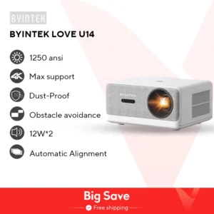 BYINTEK LOVE U14 Full HD 1080P Projetor 4K Inteligente Bluetooth WiFi 6 Suportado 1250ANSI Foco Automático Projetores de Cinema Home Theater