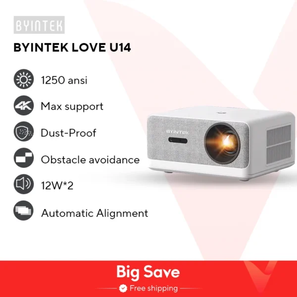 BYINTEK LOVE U14 Full HD 1080P Projetor 4K Inteligente Bluetooth WiFi 6 Suportado 1250ANSI Foco Automático Projetores de Cinema Home Theater