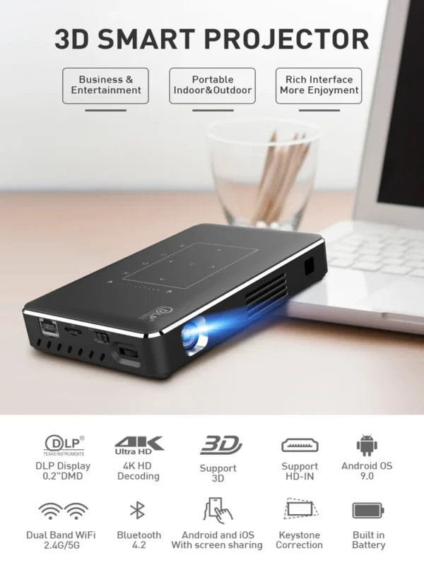 WZATCO P10 DLP Projetor 3D Smart WIFI MINI Projetores Suporte FULL HD 4K Home Theater LED Beamer Projetor Bateria embutida - Imagem 6