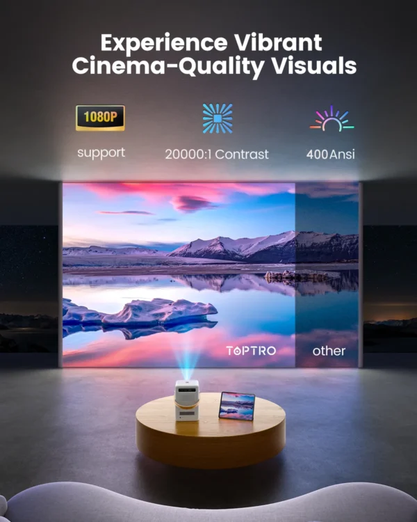TOPTRO B1 Projetor Portátil Full HD 1080P Suporte 400ANSI Android 9.0 Projetor Auto Keystone e Foco Elétrico Bateria Embutida - Imagem 5
