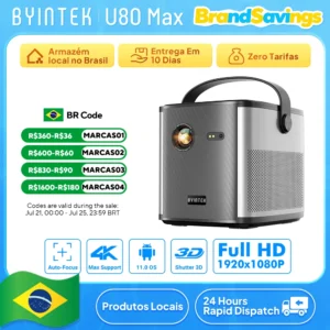 BYINTEK U80 Max Projetor 3D 4K Cinema Android 11.0 WiFi Mini Portátil 1080P Projetor de Vídeo DLP de Home Theater com Bateria