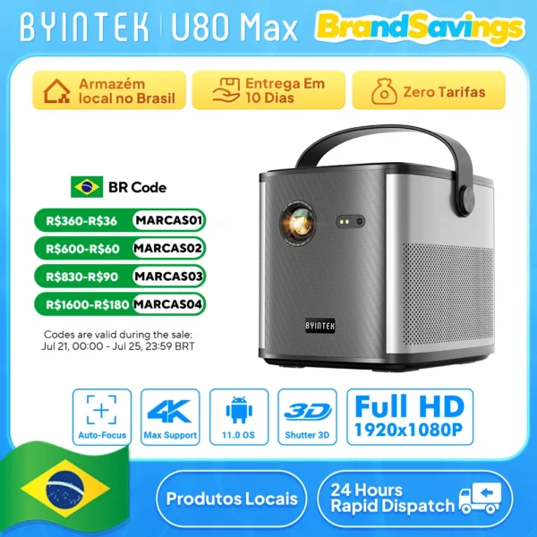 BYINTEK U80 Max Projetor 3D 4K Cinema Android 11.0 WiFi Mini Portátil 1080P Projetor de Vídeo DLP de Home Theater com Bateria