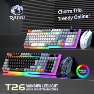 Raiku t26 com fio 104 teclas teclado de membrana e mouse terno tipos de iluminação colorida jogos e escritório para windows e ios