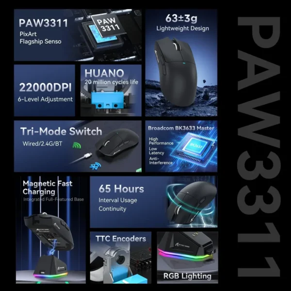 Mouse para jogos ATTACK SHARK X11 com doca recarregável magnética, sensor de jogos PixArt PAW3311 para PC/LAP e-sport - Imagem 3
