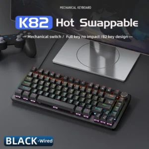 Teclado mecânico 75% com fio com botão de mídia, teclado preto para jogos APAYADO, troca quente, tampa ABS com retroiluminação de caracteres transparentes