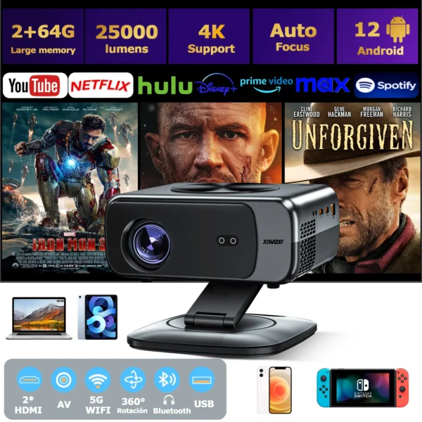 2025 m05 android 12.0 projetor 4k 64g autofocus projetor wifi6 bt5.3 led projetor 8k decodificação projetor de cinema em casa