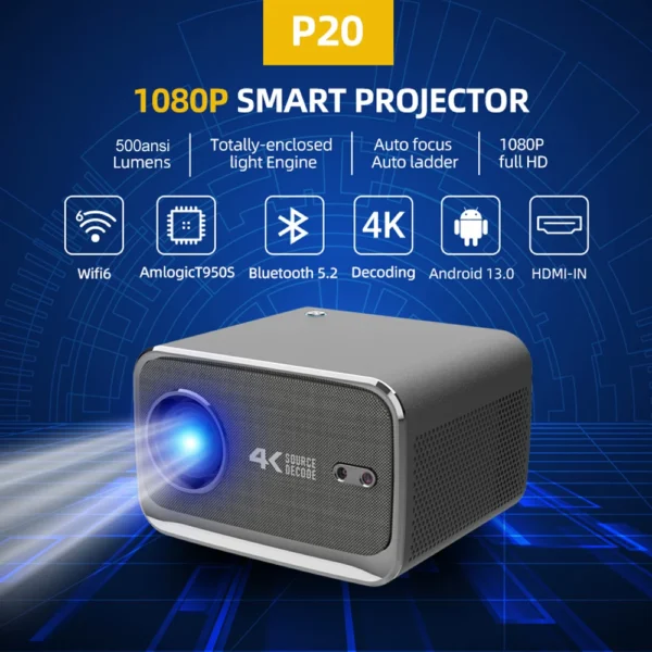WZATCO Novo P20 Android 13.0 6G WiFi Smart Full HD 1080P 4K Projetor LED Foco Automático para Home Theater LED Projetor Beamer - Imagem 3