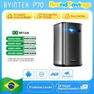 BYINTEK P70 Projetor 4K 1080P DLP Mini Projetor Portátil Home Theater Inteligente Wi-Fi e Bluetooth para Filmes e Jogos Com Bateria