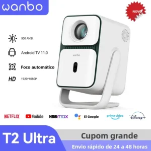Projetor Wanbo T2 Ultra Andorid TV11.0 1080P com suporte para projetor 4K 500Ansi 120 ° Projetor inteligente com feixe doméstico portátil giratório