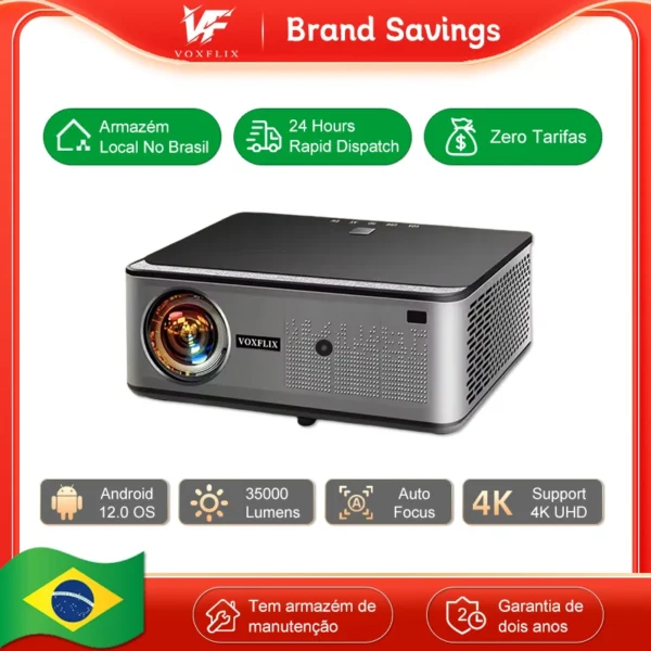 VOXFLIX VF71 4K Android 12 Full HD 1080P 2500 Ansi Lumens Projetor de foco automático WiFi6 Home Theater Smart Beamer