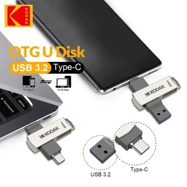 KODAK-USB Type C Flash Drive, Pendrive de alta velocidade, Memory Stick duplo para Smartphone, Laptop, 256GB, 128GB, 32GB - Imagem 2
