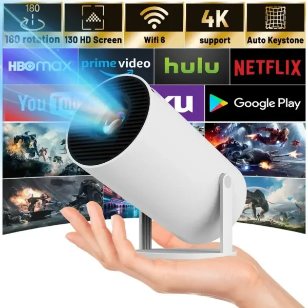 Projetor portátil compacto com plugue USB M5 4K 1080P com correção automática Keystone e compatibilidade para smartphone, presente ideal
