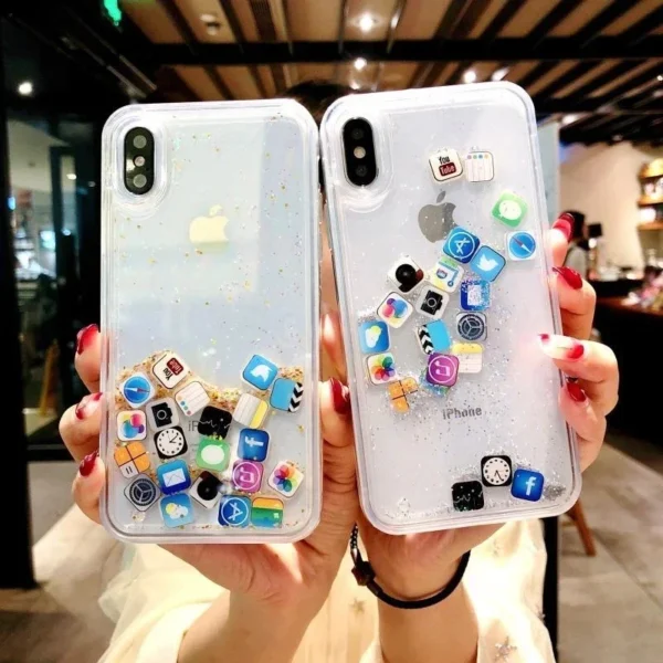 Capa com ícones de aplicativos fofos de areia movediça dinâmica para iPhone 16 15 13 12 11 Pro Max capa líquida para iPhone 14 7 8 Plus X XR XS - Imagem 4