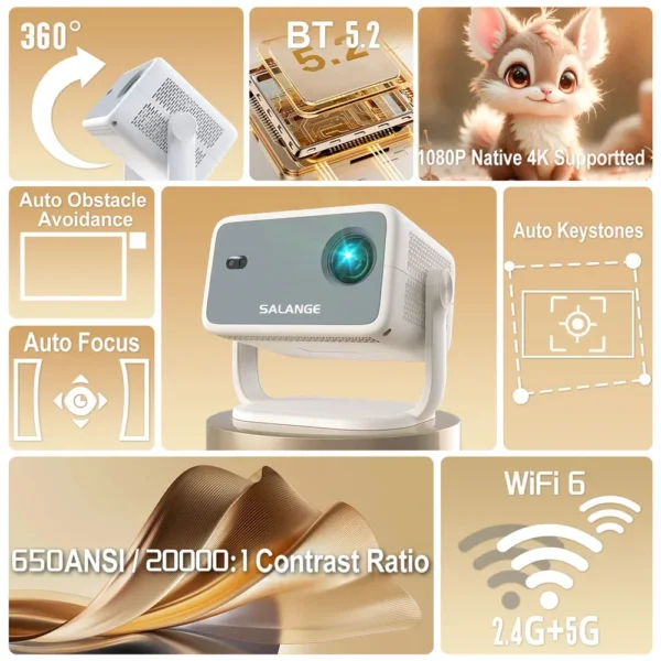 Salange 360 ° Projetor nativo 1080P 650ANSI 4K Android 11 com foco automático Keystone Air Mouse Wifi6 BT5.2 Filme portátil ao ar livre - Imagem 3