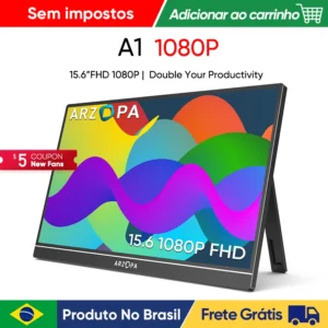 [produto no brasil] NOVO ARZOPA 15.6 inch Monitor Portátil FHD 1080P IPS USB-C Mini-HDMI Segunda Tela Externa para Mac Laptop PC Switch Xbox PS4/5 Xbox com suporte embutido