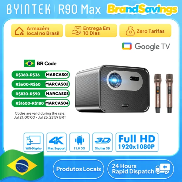 BYINTEK R90 Max Full HD 1080P Projetor 4K DLP 2200 ANSI Lumens Android TV 11.0 3D 4K Projetor de home theater inteligente compatível