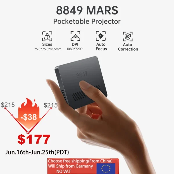 8849 MARS Mini Projetor Portátil DLP Tamanho de Bolso Foco Automático e Chave Compatível para Laptop, PC, Smartphone