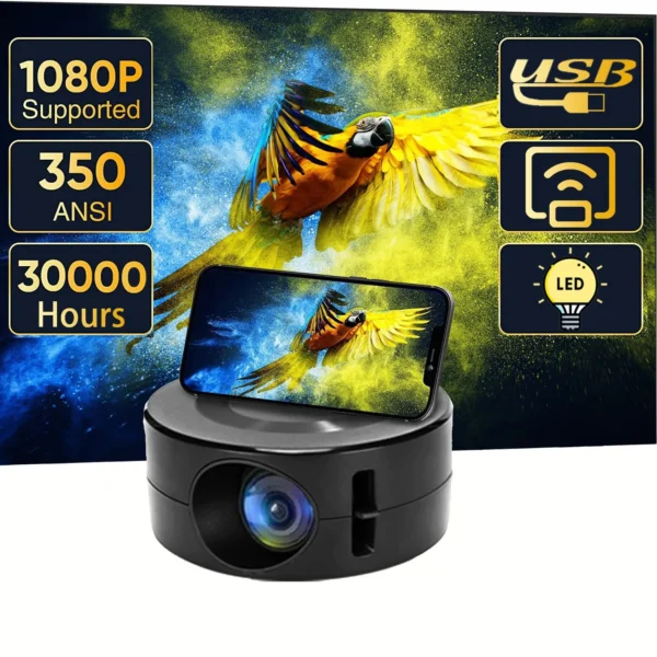 Mini Projetor de Home Theater, 180 ° Ângulo de projeção flexível 1080P USB nativo suporta compartilhamento de tela de smartphone adequado para casa - Imagem 2