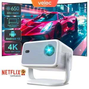 Projetor de certificação Velec Netflix Android 13 4K nativo 1080P 650ANSI com foco automático Wifi6 BT5.2 360 ° Projetor doméstico para exterior