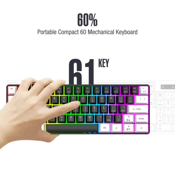 Teclado de jogo com fio 60%, mini teclado ultracompacto retroiluminado RGB, mini compacto à prova d'água 61 teclas, adequado para jogadores PC/Mac, t - Imagem 2