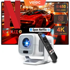 Projetor Velec 4K Certificação Netflix 1080P Suporte WIFI6 BT5.4 Projetor Android Projetor de home theater portátil com foco automático