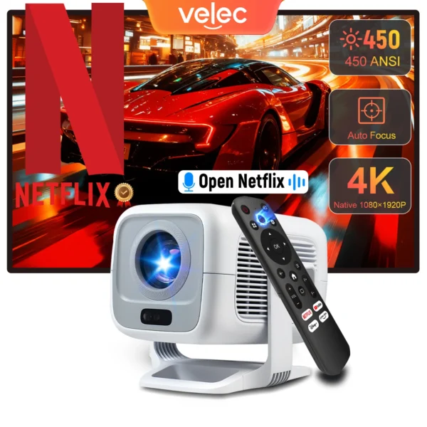 Projetor Velec 4K Certificação Netflix 1080P Suporte WIFI6 BT5.4 Projetor Android Projetor de home theater portátil com foco automático