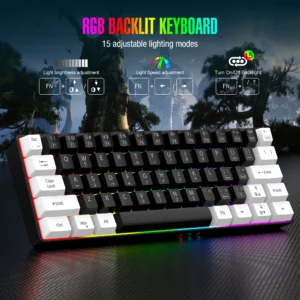 Teclado de jogo com fio 60%, mini teclado ultracompacto retroiluminado RGB, mini compacto à prova d'água 61 teclas, adequado para jogadores PC/Mac, t